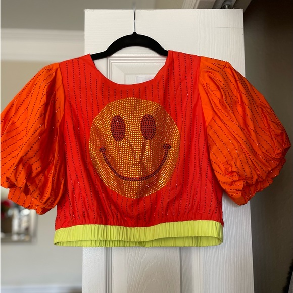 QUEEN OF SPARKLES Tops - Queen Of Sparkles - Rhinestone Smiley Puff Sleeve Crop Top in Multi